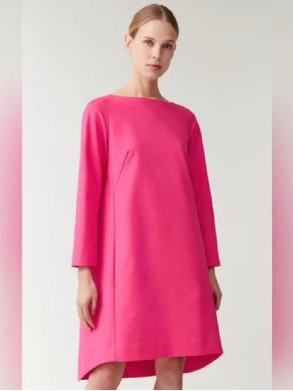 COS Pink Long Sleeve Trapeze Dress Size 8 Boat Neck High Low Hem Pockets